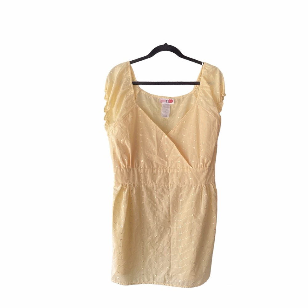 Lemon Kiss capped sleeve yellow embroidered eyelet v neck top 3X